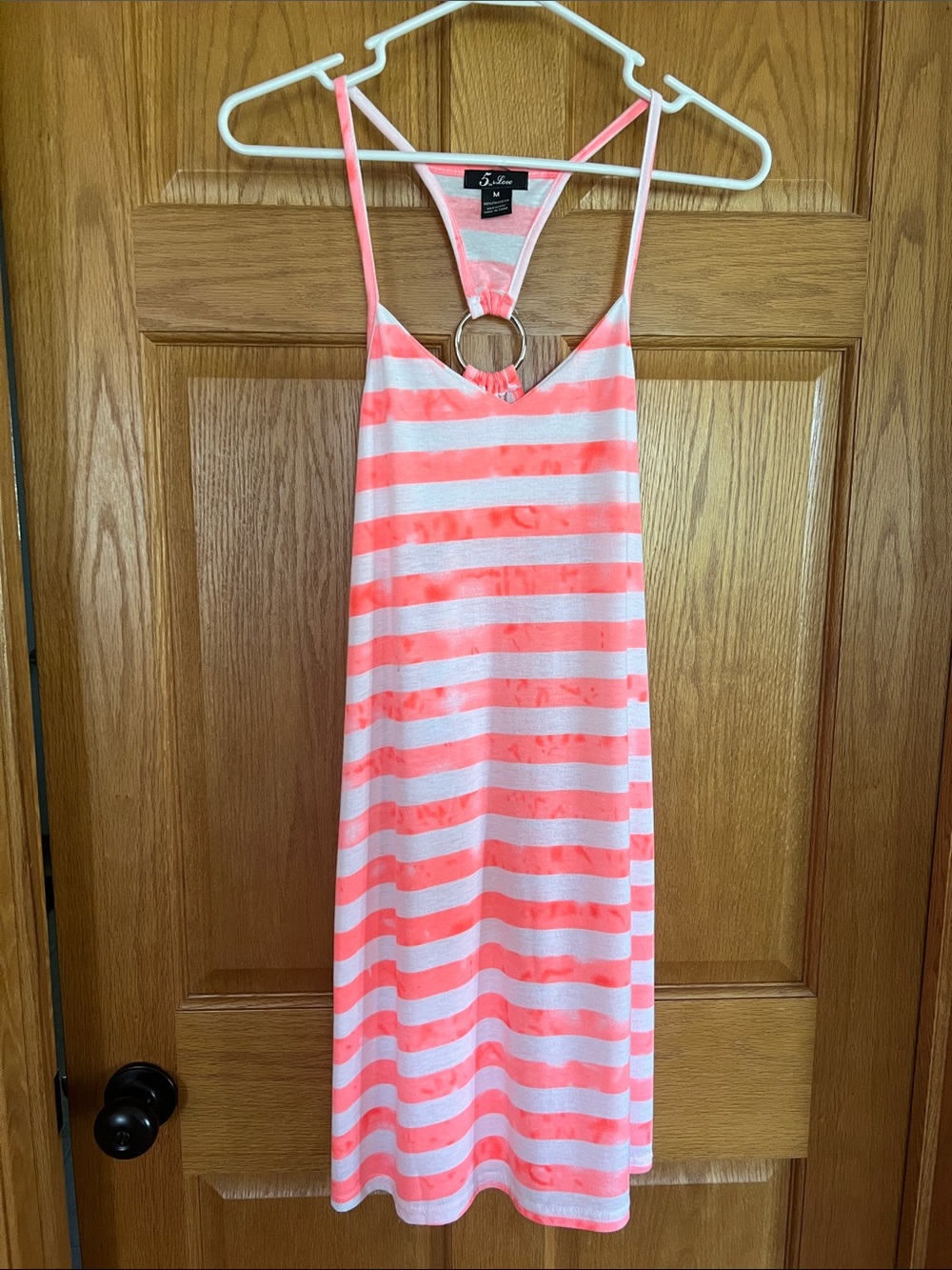 Coral and White Striped Swim Coverup with Ring Back Detail
